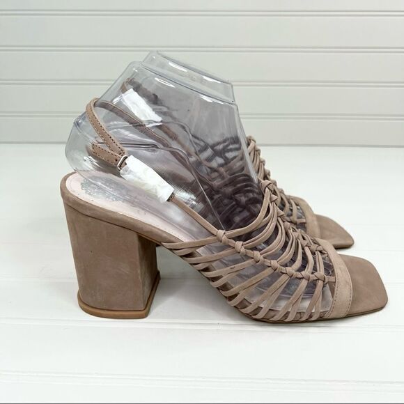 Nwot Vince Camuto Chamta Tan Suede Leather Lattice Block Heels 9 - Picture 3 of 9